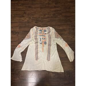 Monoreno Top Womens White Embroidered Bell Sleeve Gauze Flowy Boho Sz:Medium